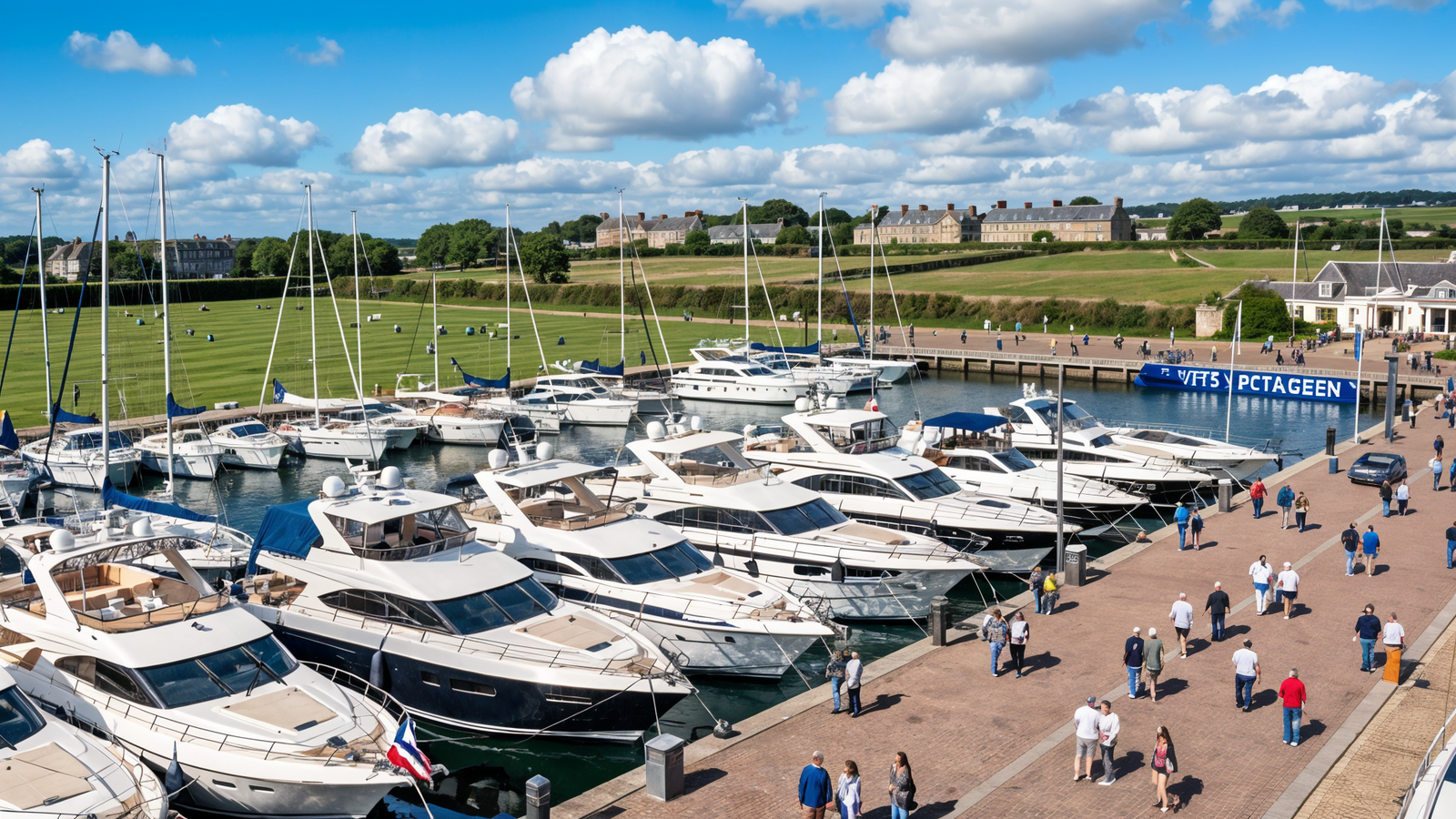 Cowes Yacht Haven and The Parade with luxury yachts and Squadron lawns