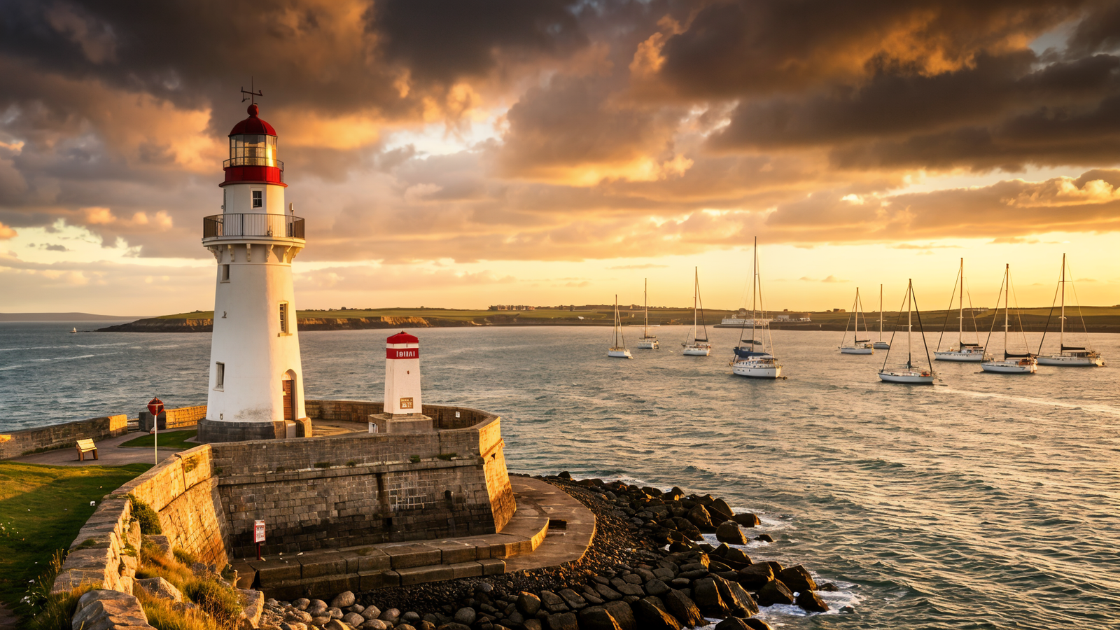Lighthouse on a stone jetty at sunset, with sailboats moored in a calm harbor nearby.