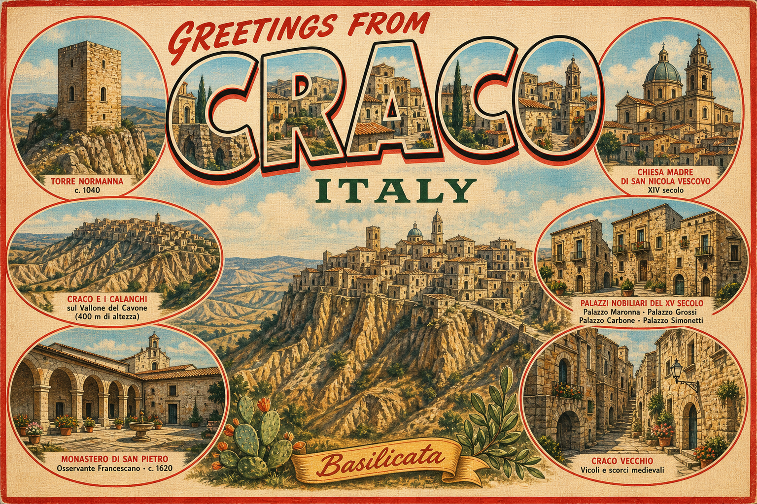 Vintage postcard-style collage titled 'Greetings from Craco, Italy' showing a central hill town and circular insets of Craco landmarks and scenery.