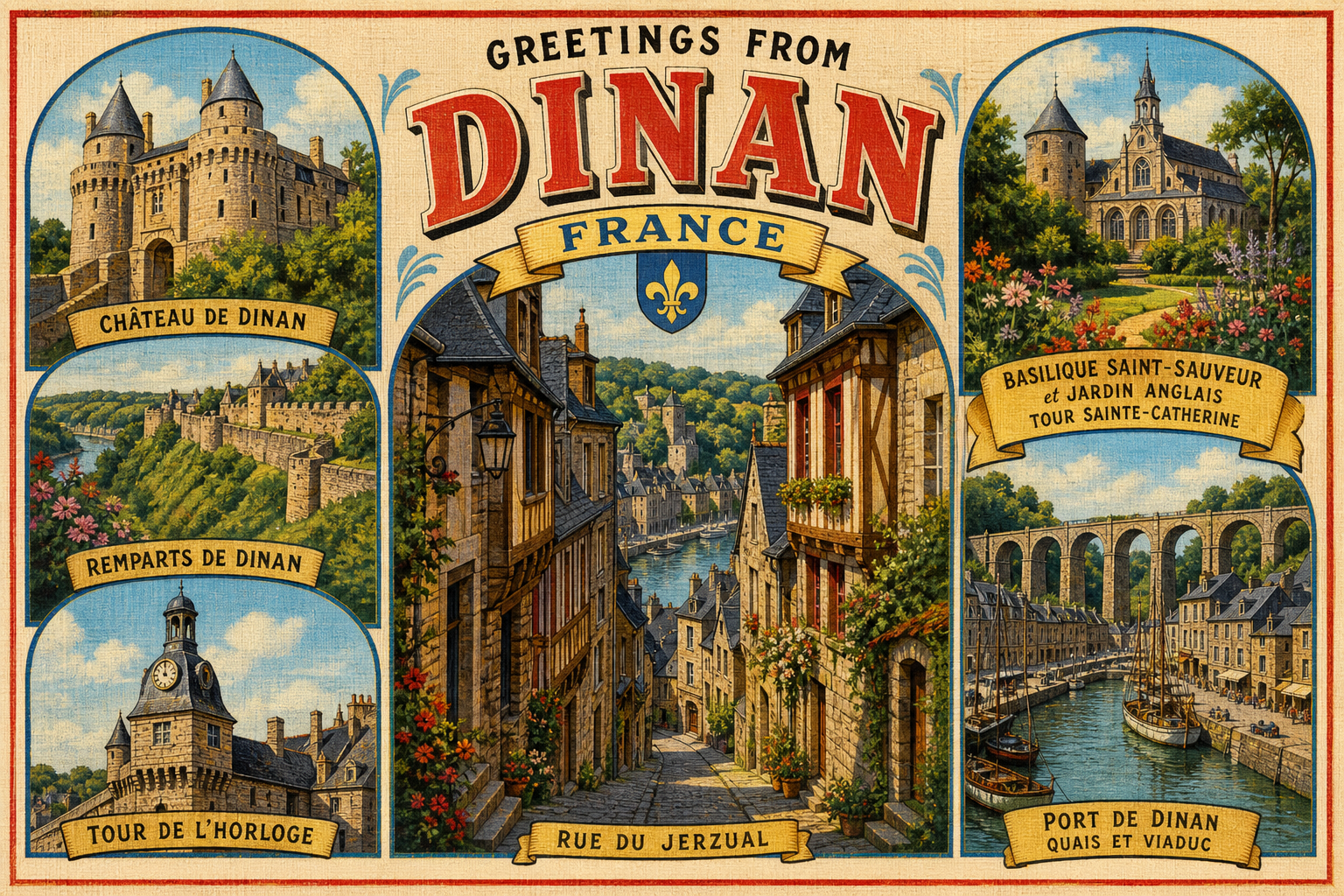 Vintage postcard of Dinan, France, featuring Rue du Jerzual flanked by medieval stone houses and surrounding landmark images.