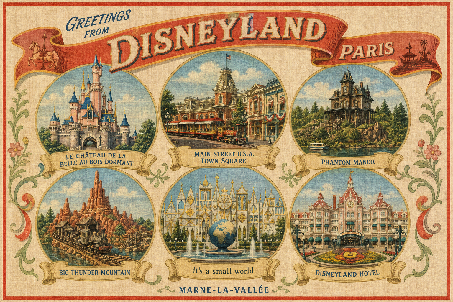 disneyland-paris-France-postcard - The Travel Bloggers Vintage postcard collage advertising Disneyland Paris with six circular scenes and a banner reading 'Greetings from Disneyland Paris.'