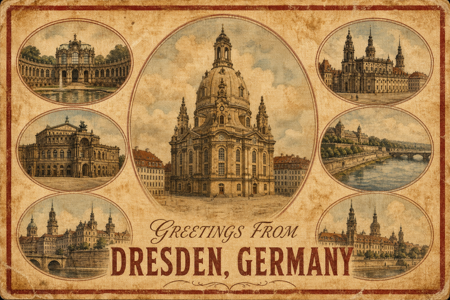 Vintage postcard of Dresden with a central Frauenkirche surrounded by oval cityscape scenes and 'Greetings from Dresden, Germany' text at the bottom.