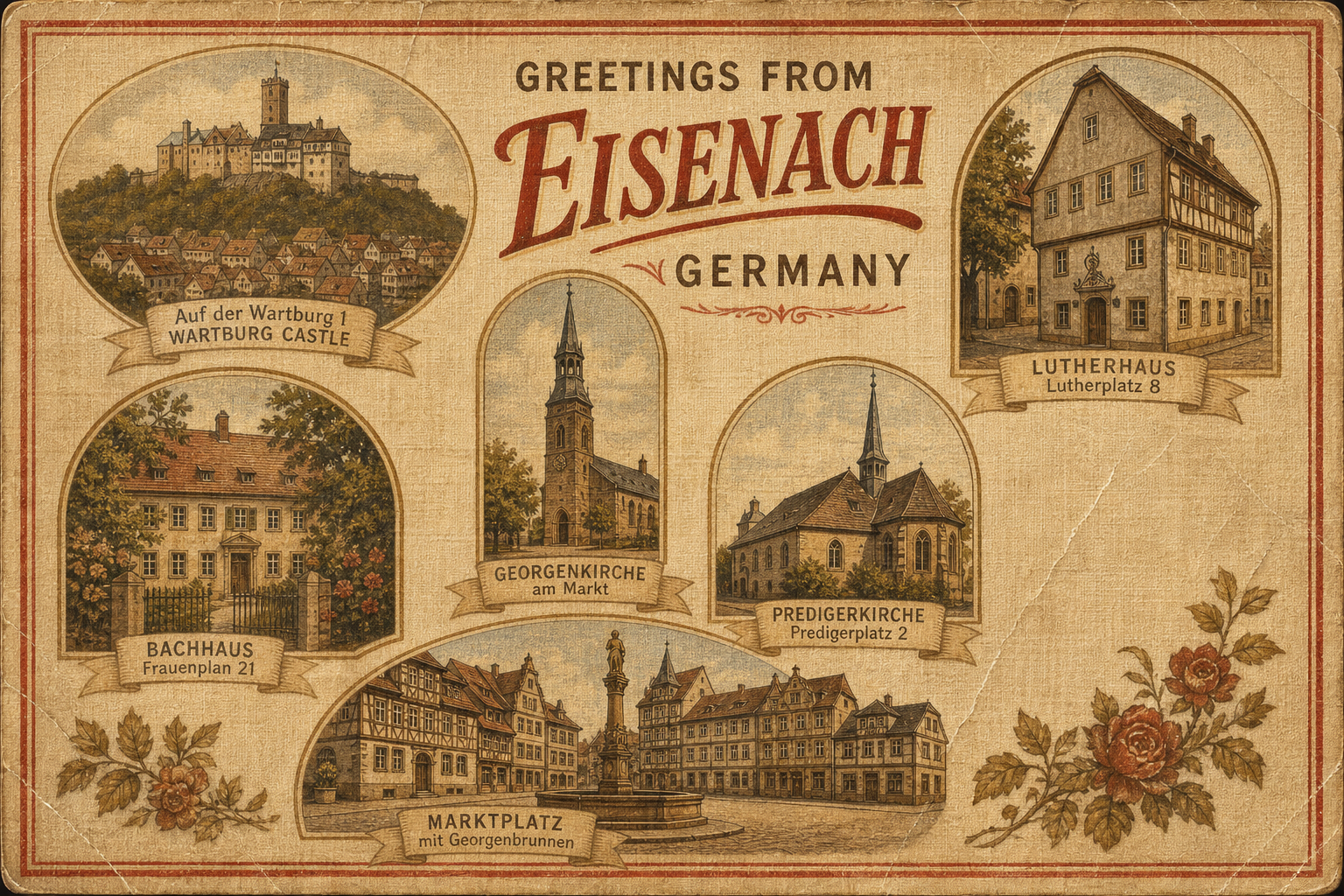 eisenach-Germany-postcard - The Travel Bloggers Postcard-style map of Eisenach showing key sites: Wartburg Castle, Bachhaus, Georgenkirche, Predigerkirche, Lutherhaus and Marktplatz with a vintage banner 'Greetings from Eisenach'.
