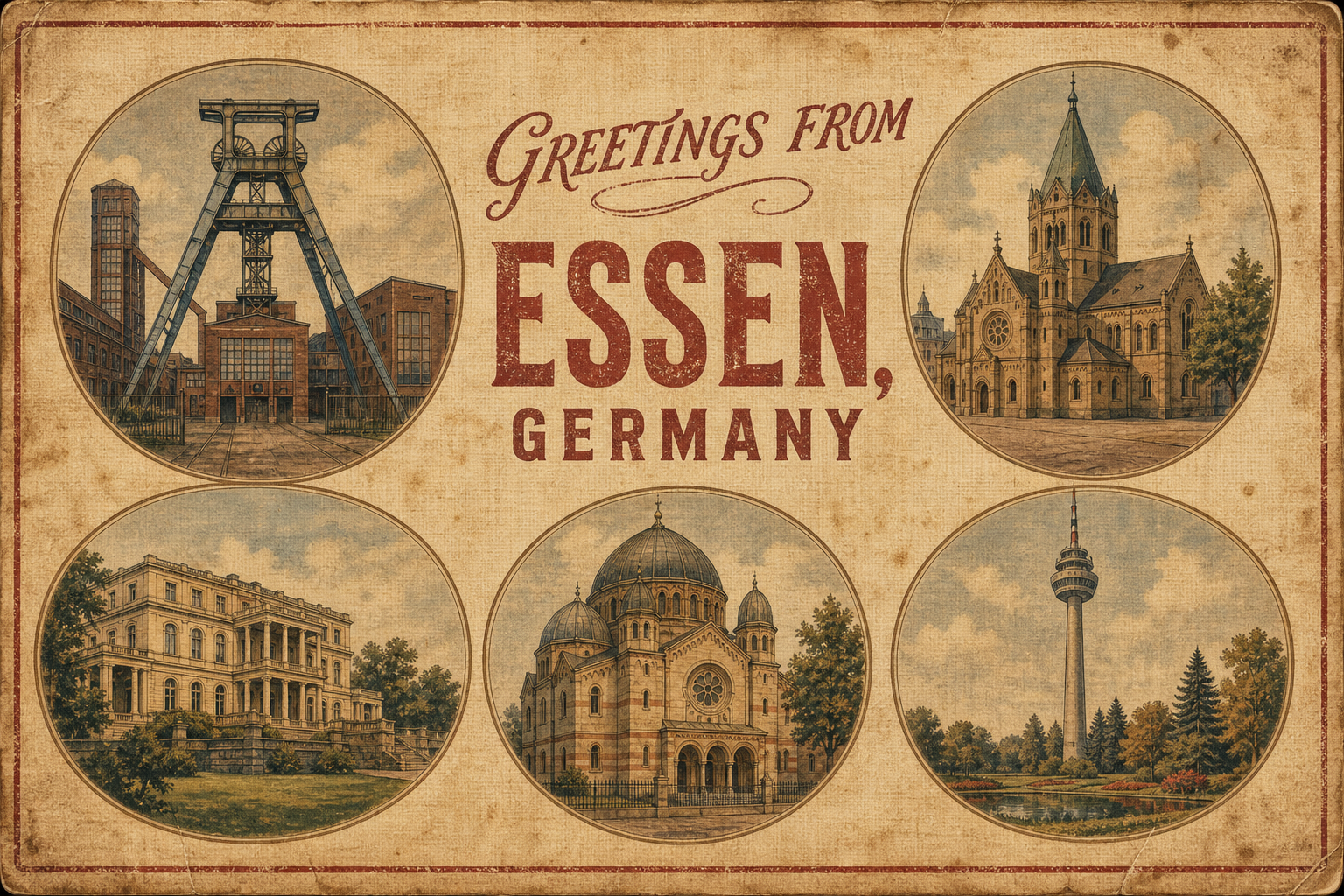 Vintage postcard reading 'Greetings from Essen, Germany' with six circular illustrations of local sites: a coal mine, churches, a villa, a cathedral, and a tower.