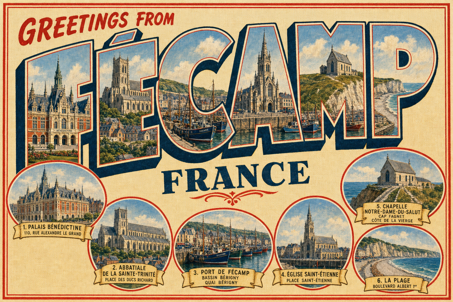 Vintage postcard collage titled 'Greetings from France' featuring large 'FRANCE' lettering filled with scenic images and six circular landmark photos along the bottom.
