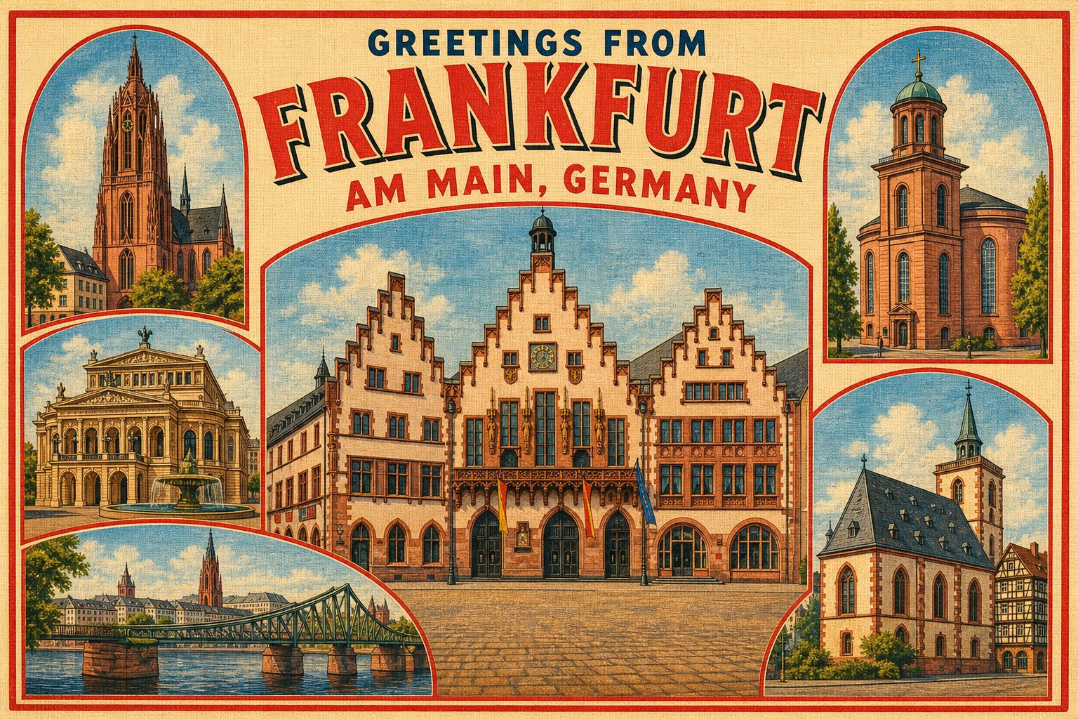 Vintage postcard collage of Frankfurt landmarks: central Römer town hall with stepped gables, surrounded by panels showing Frankfurt Cathedral, Alte Oper, a church, and the Main River bridge.