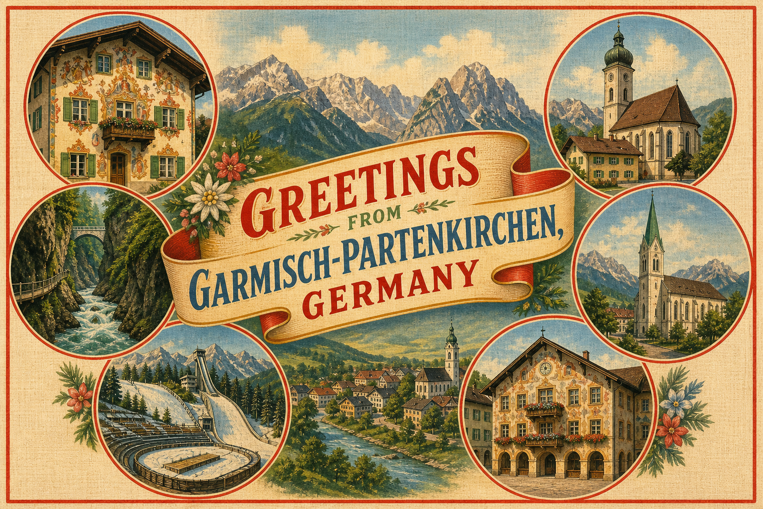 Vintage postcard collage of Garmisch-Partenkirchen with a banner reading 'Greetings from Garmisch-Partenkirchen, Germany' and circular scenic insets (mountains, church, bridge, waterfall, chalets).