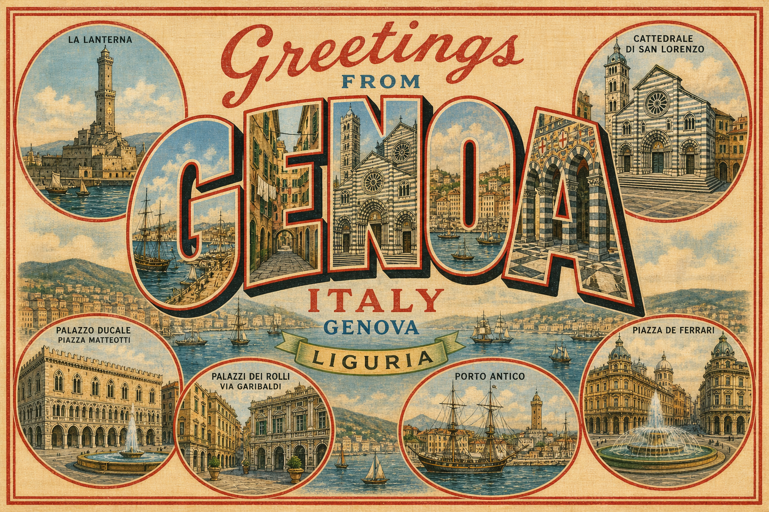 Vintage 'Greetings from Genoa, Italy' postcard with circular insets of La Lanterna, Cattedrale di San Lorenzo, Palazzo Ducale, and harbor scenes surrounding a central Genoa collage.