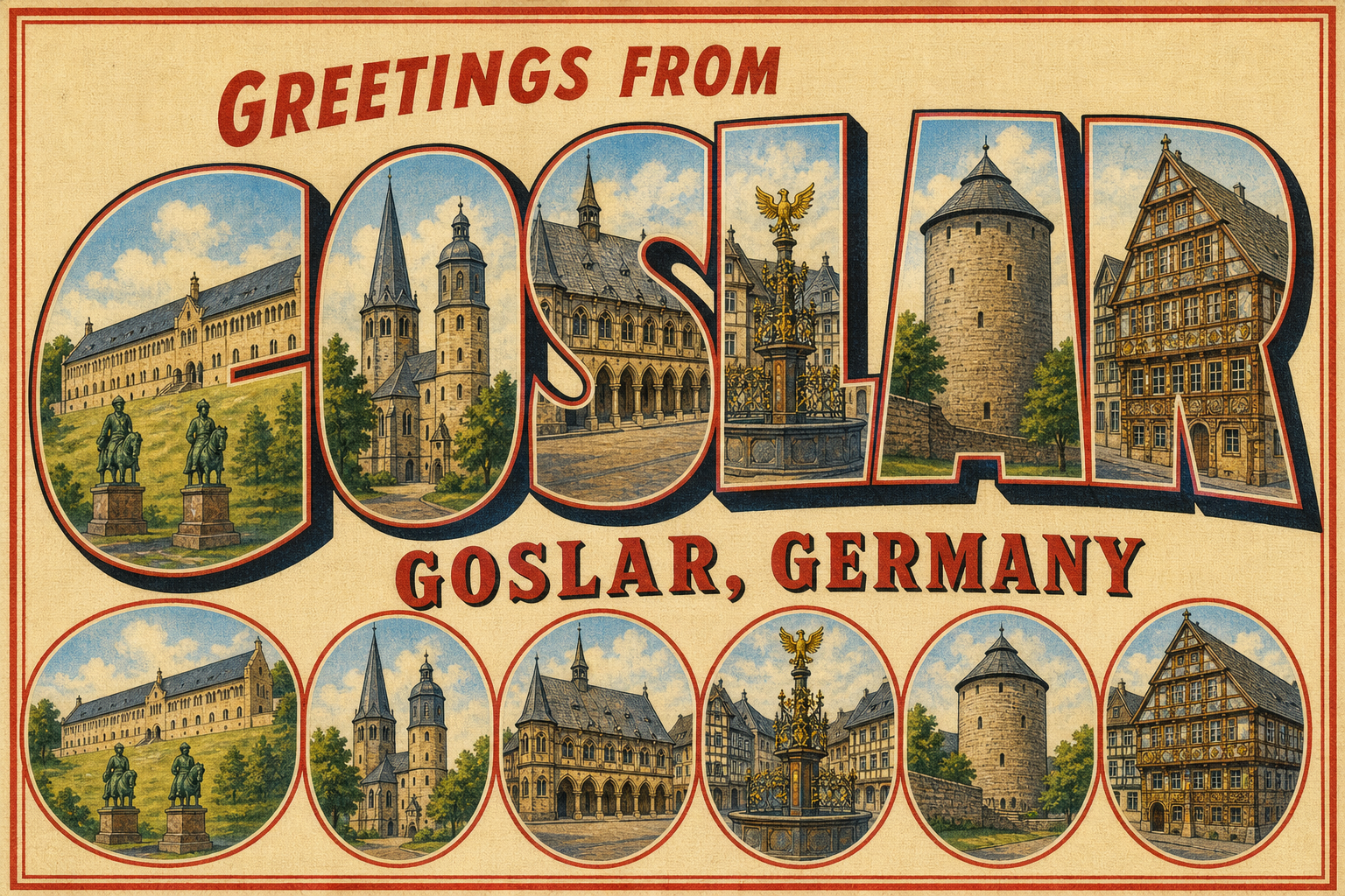 Vintage postcard reading 'Greetings from Goslar, Germany' with giant letters filled by Goslar landmarks.