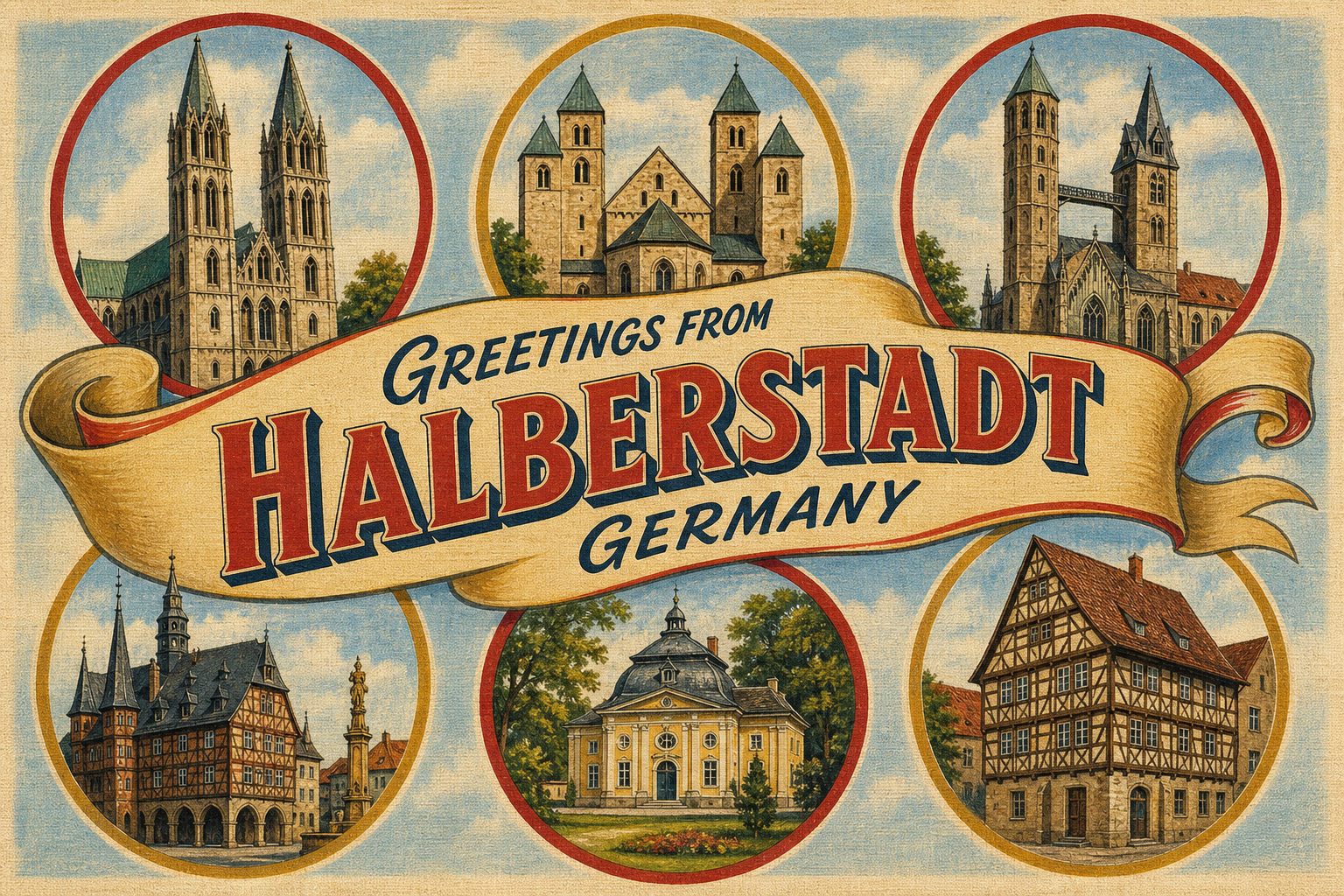 Vintage Halberstadt, Germany postcard with six circular landmarks surrounding a cream ribbon reading 'HALBERSTADT' in bold red letters.