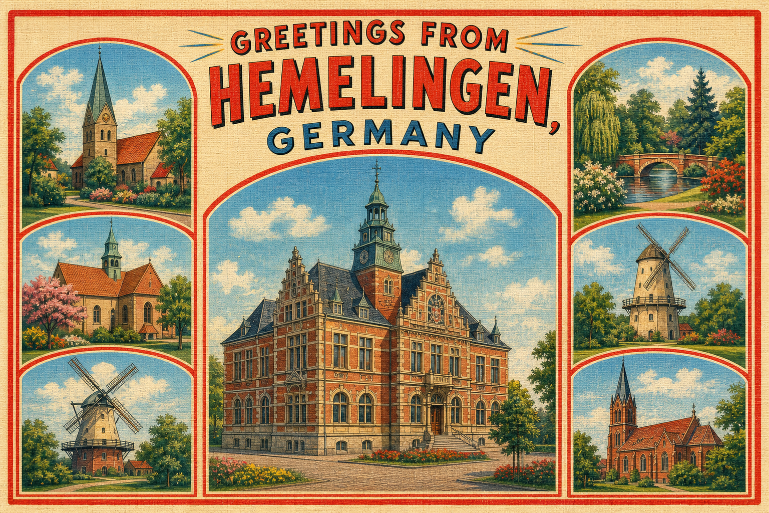 hemelingen-Germany-postcard - The Travel Bloggers Vintage postcard collage of Hemelingen, Germany, with a central red-brick town hall surrounded by scenic panels: church, windmill, bridge, and gardens in a retro illustration style.