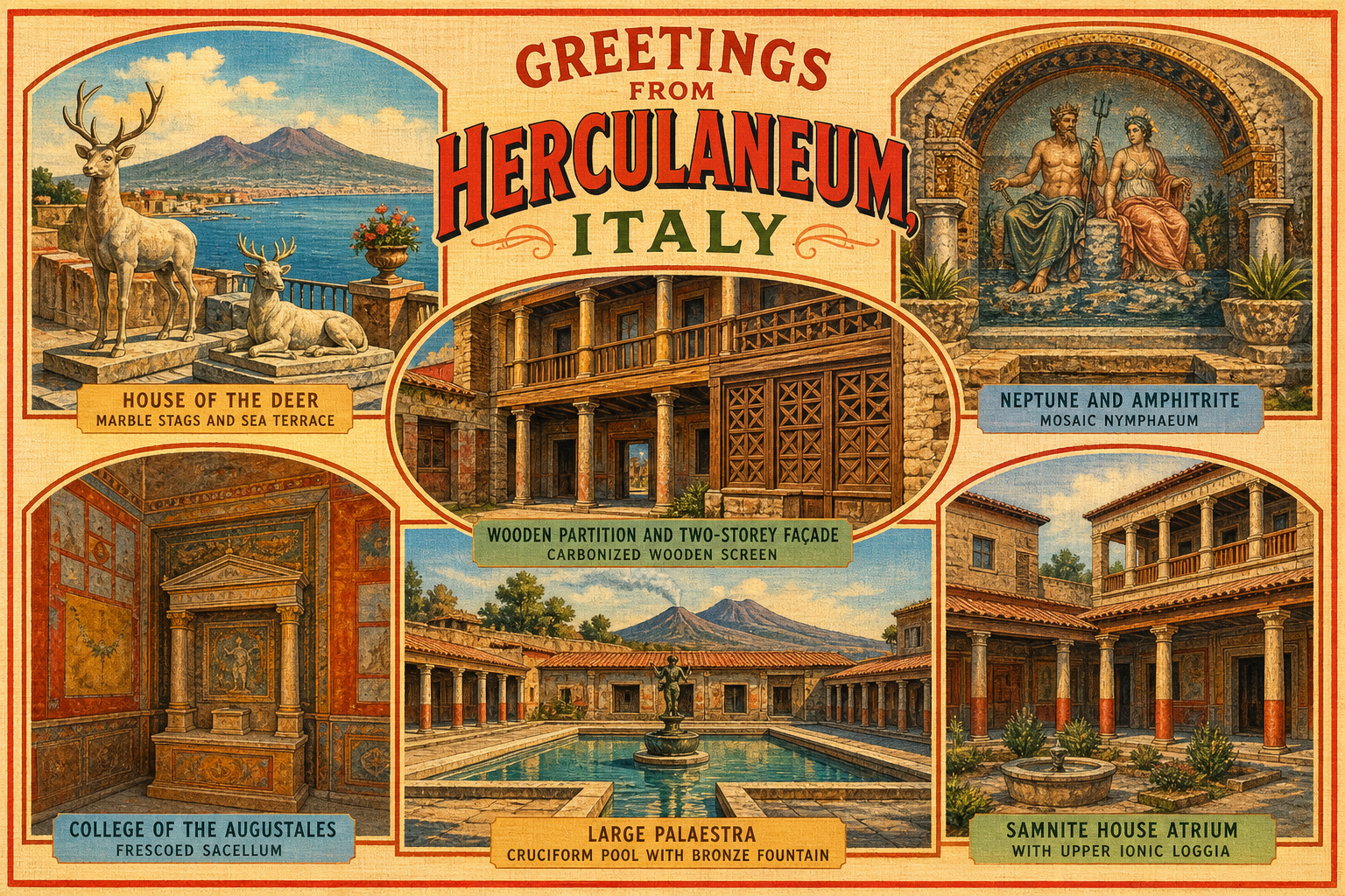 Vintage postcard collage of Herculaneum, Italy, showing key sites: House of the Deer, Neptune and Amphitrite mosaic, wooden two-storey façade, College of the Augustales fresco sacellum, large palaestra pool with fountain, and Samnite House atrium.