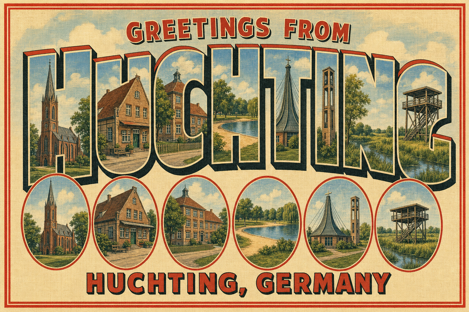 Old postcard reading 'Greetings from Huchting, Germany' with town scenes visible inside the large HUCHTING letters and six circular vignettes below.