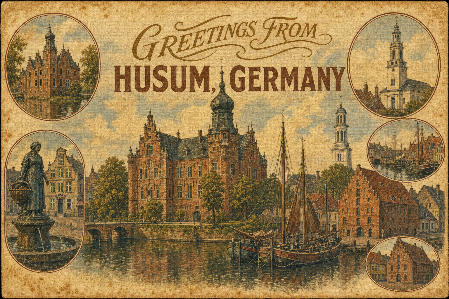 Vintage postcard titled 'Greetings from Husum, Germany' depicting Husum's waterfront with a red brick town hall, boats in the harbor, and four circular inset landmarks around the edges.