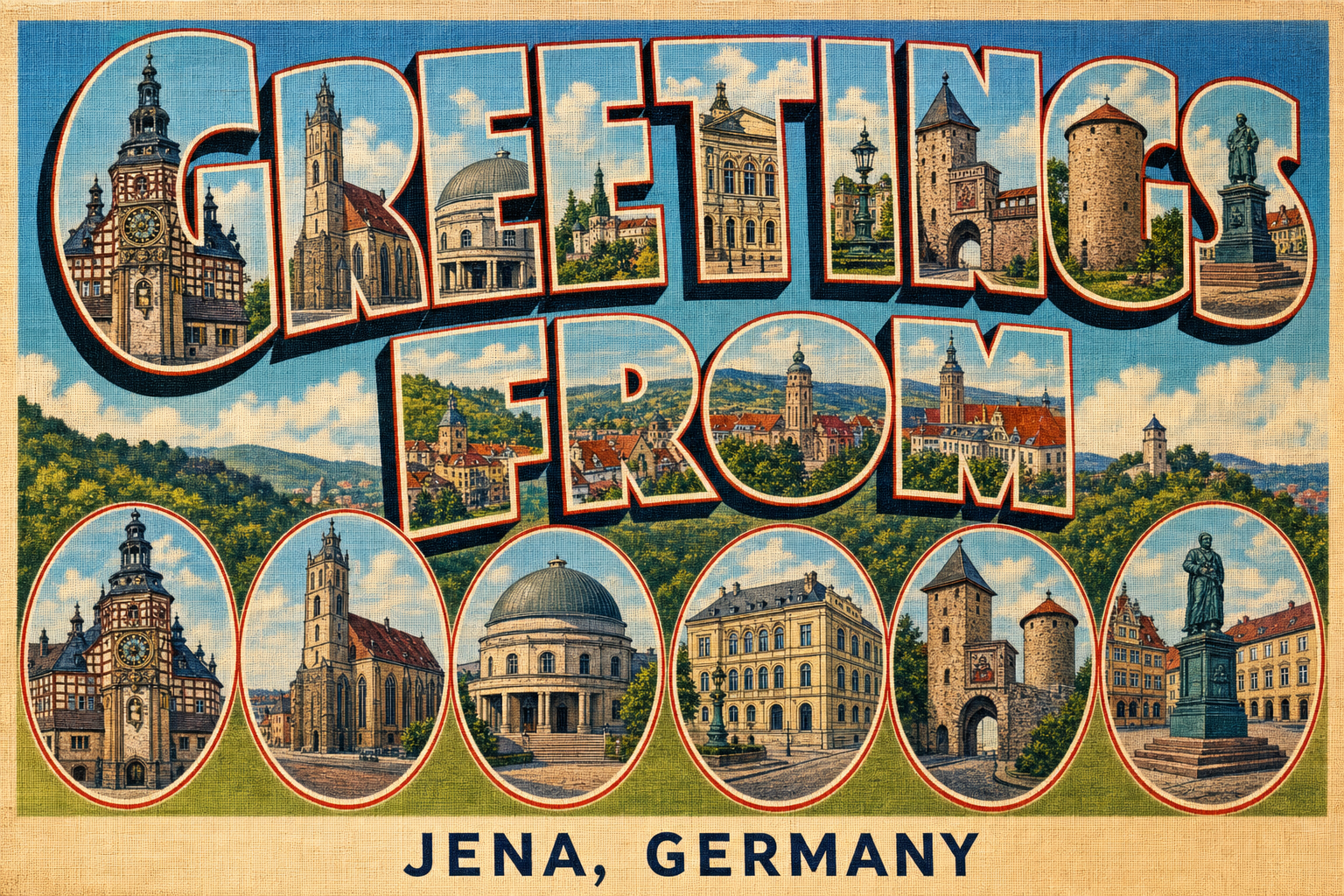 Vintage postcard that reads 'Greetings from Jena, Germany' with city landmarks framed inside large letters and circular photo insets of buildings.