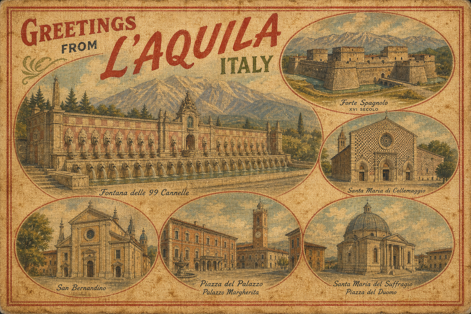 laquila-Italy-postcard - The Travel Bloggers Vintage postcard reading 'Greetings from L'Aquila, Italy' featuring a collage of Italian sites and a central fountain scene.