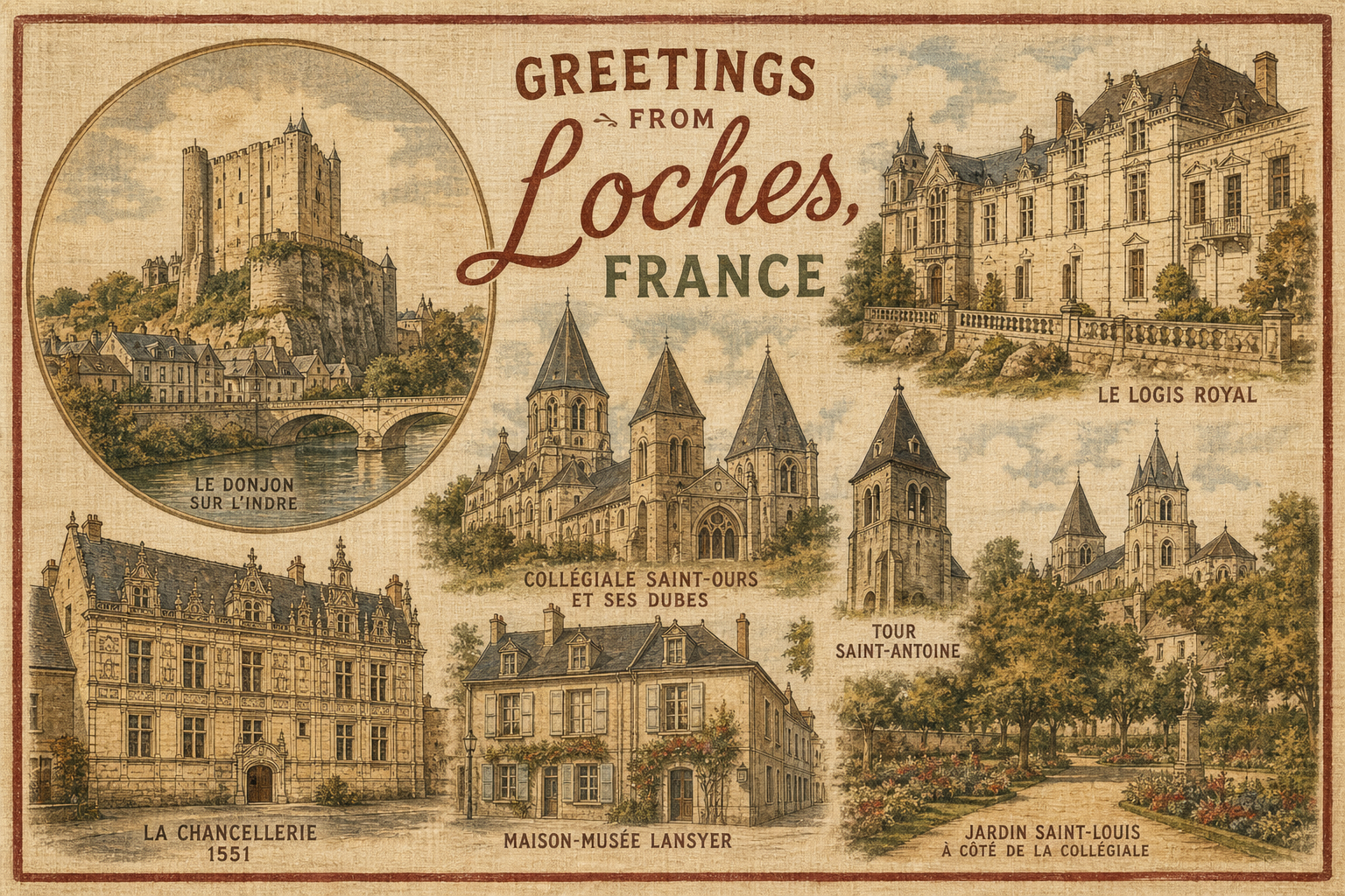 loches-France-postcard - The Travel Bloggers Vintage postcard of Loches, France, featuring the donjon sur l'Indre, Le Logis Royal, Collegiale Saint-Ours, and surrounding landmarks.