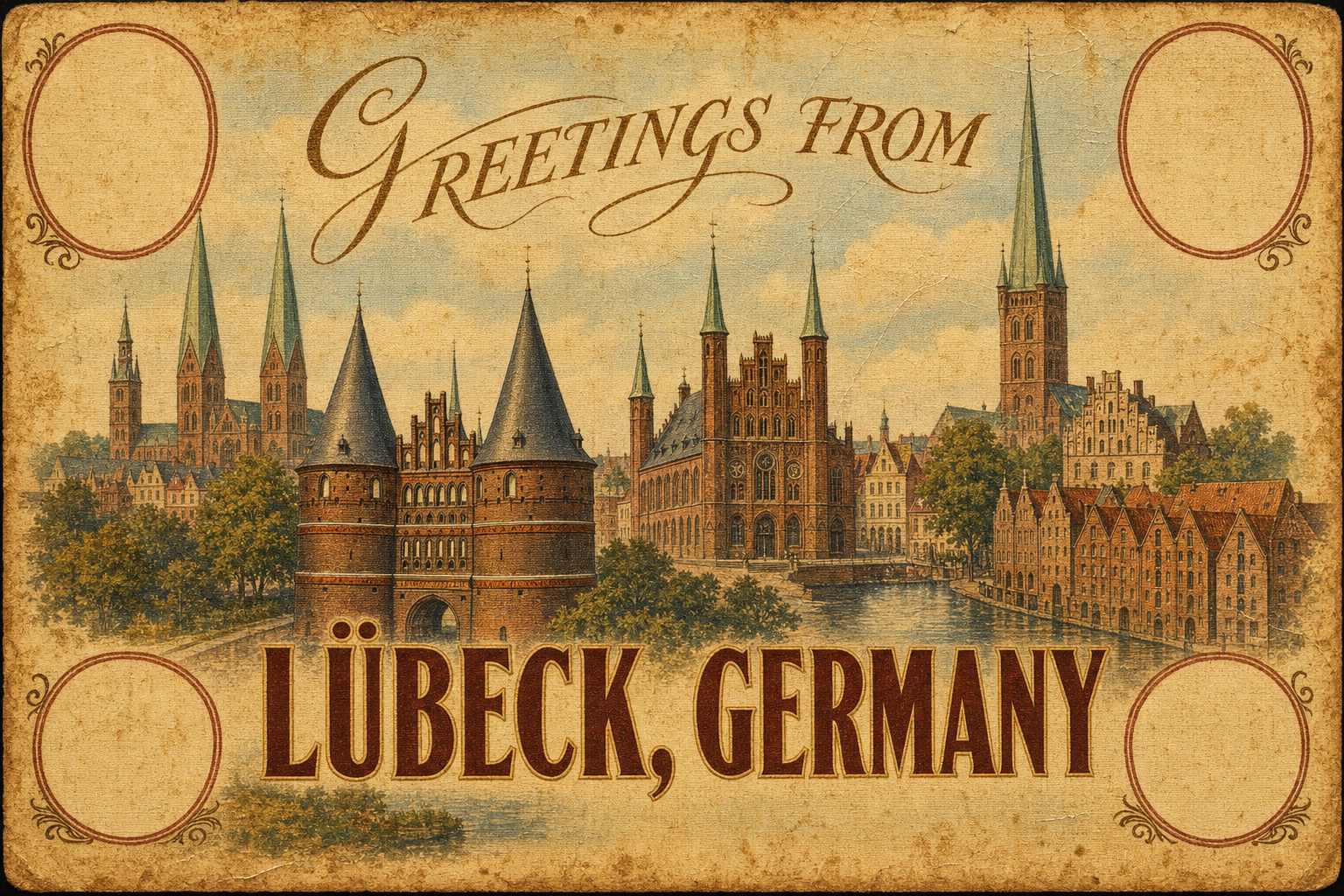 luebeck-Germany-postcard - The Travel Bloggers Vintage postcard of Lübeck, Germany, showing medieval towers and a canal with the inscription 'Greetings from Lübeck, Germany'.