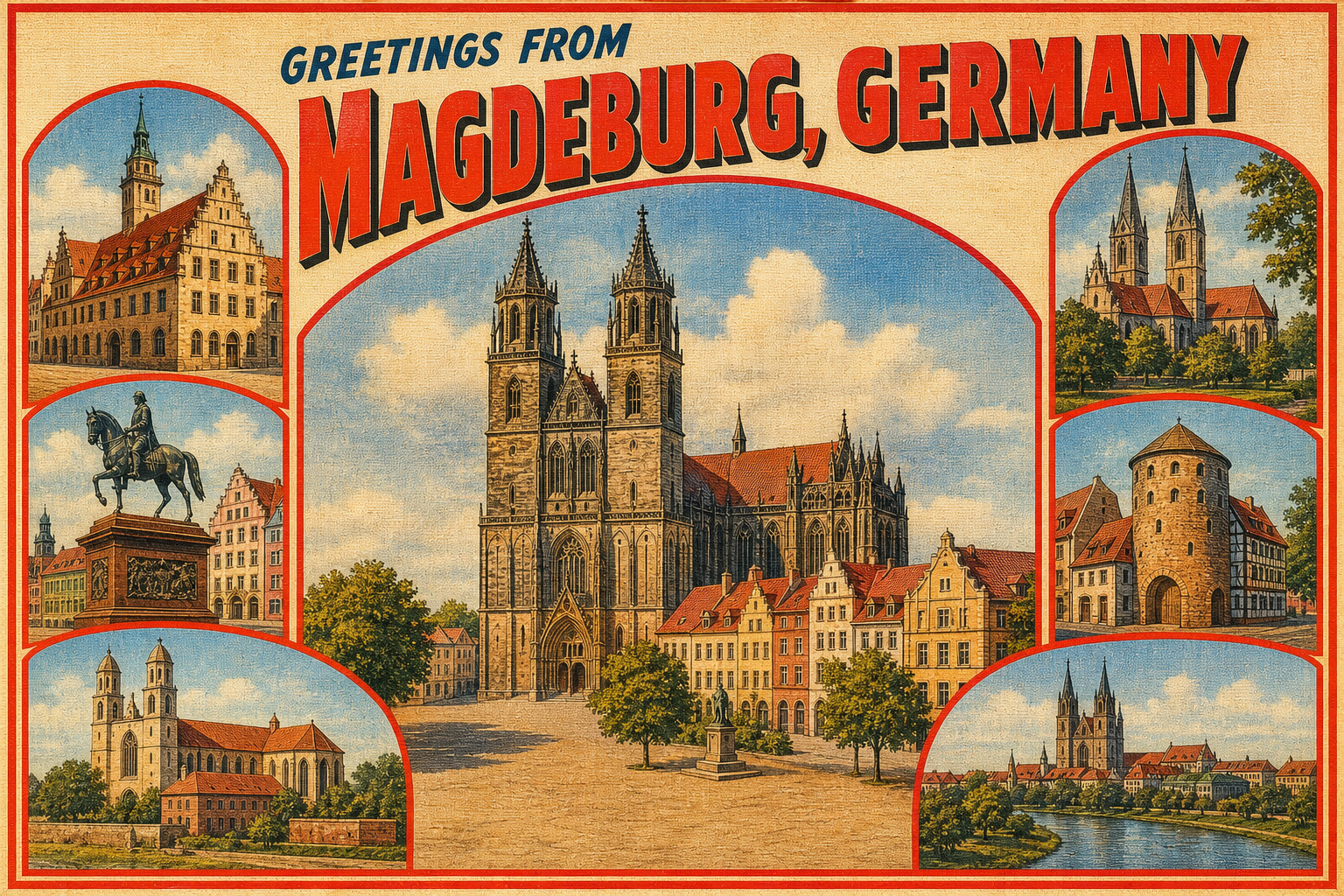 magdeburg-Germany-postcard - The Travel Bloggers Vintage postcard layout of Magdeburg, Germany featuring the cathedral and surrounding buildings in a warm, retro style.