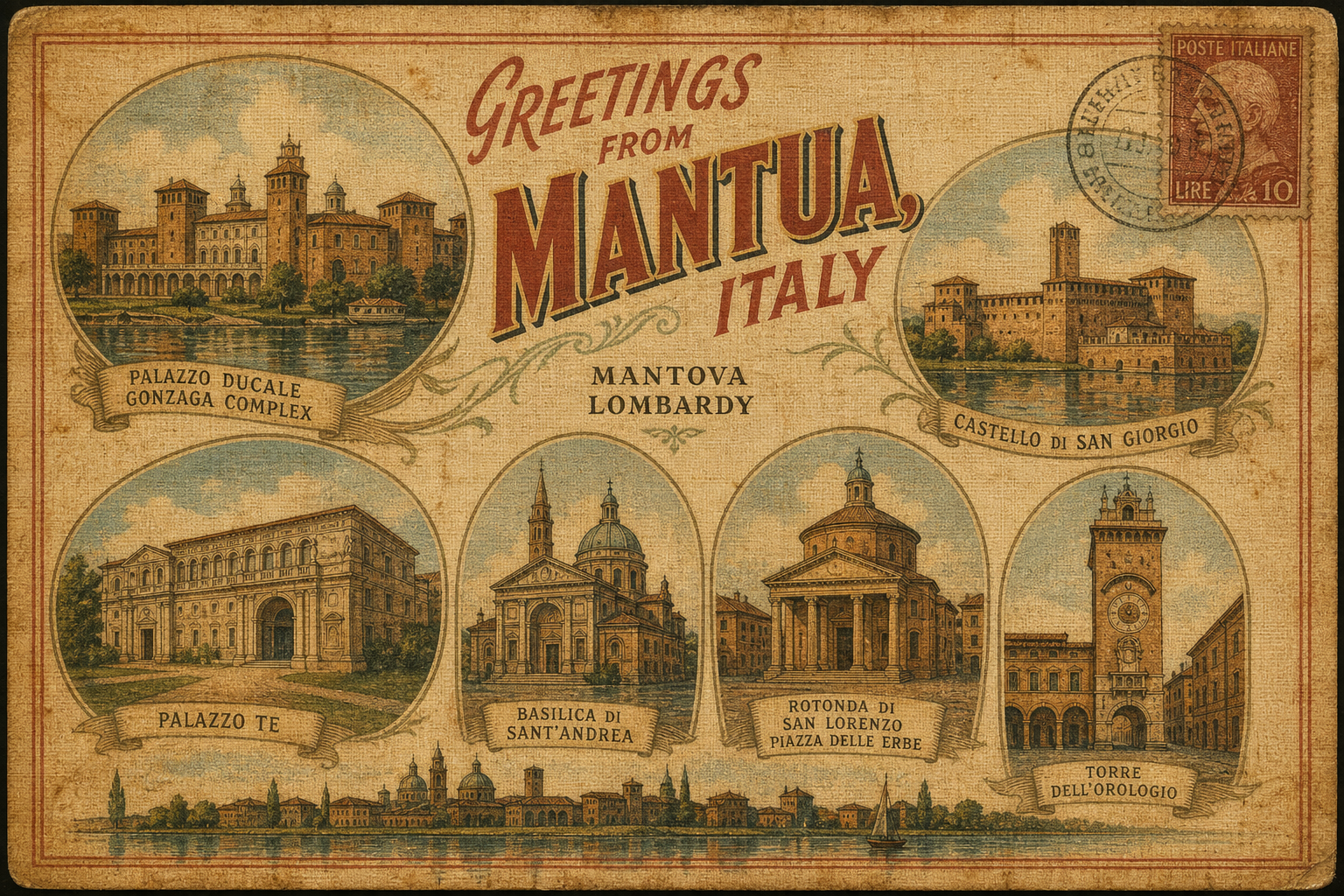 mantua-Italy-postcard - The Travel Bloggers Vintage Mantua postcard showing six oval illustrations of landmarks around the edges, plus a 10-lire stamp in the corner.