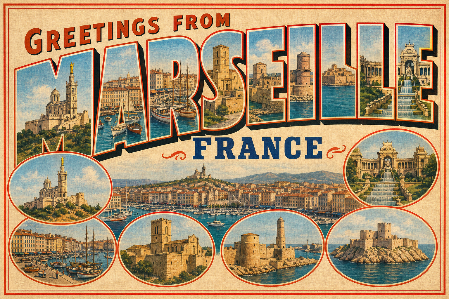 Vintage postcard reading 'Greetings from MARSEILLES, FRANCE' with harbor scenes and landmarks in circular frames.