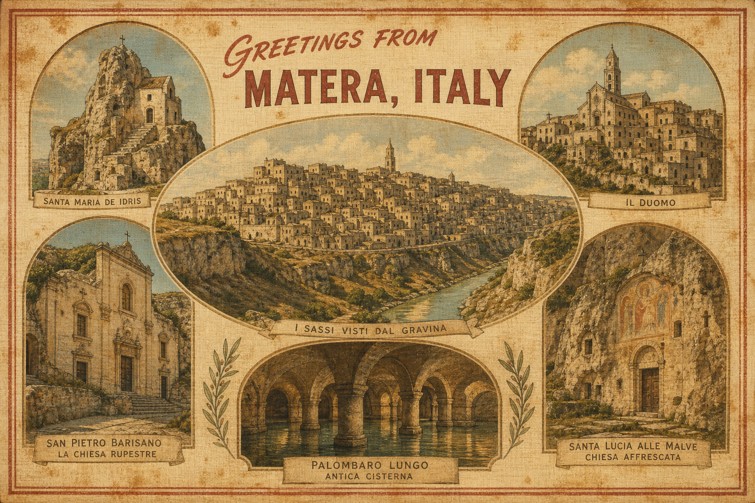 Vintage postcard of Matera, Italy showing the central hillside Sassi dwellings with Gravina river, labeled 'Greetings from Matera, Italy'