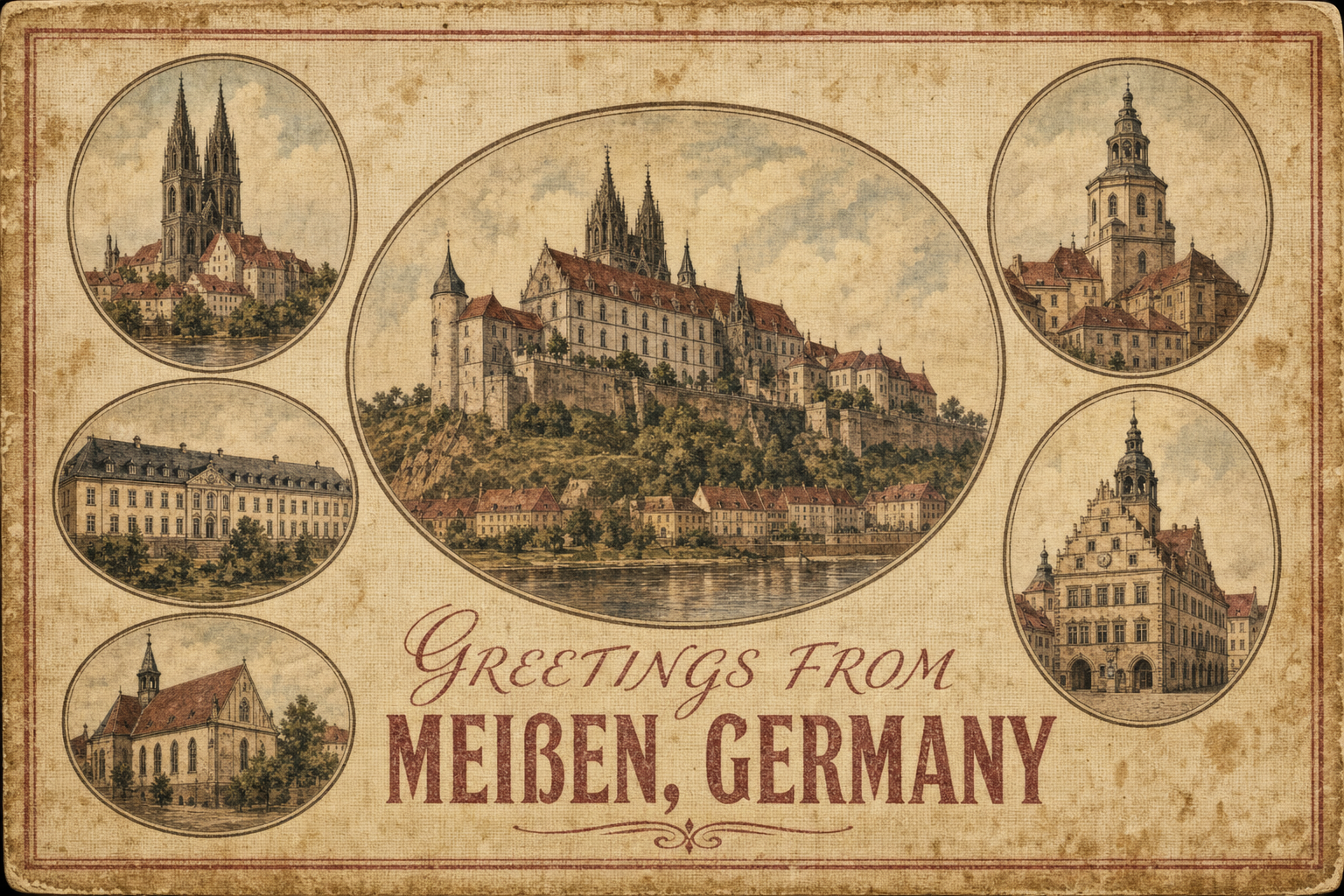 Vintage postcard showing Meissen, Germany: a central castle on a hill with surrounding town, in sepia tones.