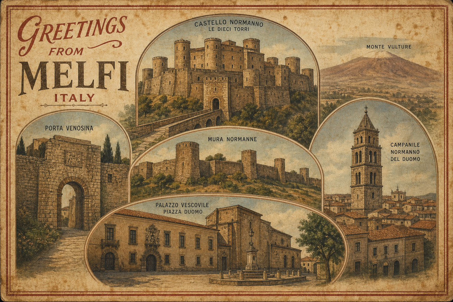 melfi-Italy-postcard - The Travel Bloggers Vintage postcard of Melfi, Italy, featuring the Norman castle, city gates, medieval walls, bell tower, and a town square scene labeled Castello Normanno, Porta Venosina, Mura Normanne, Campanile Normanno del Duomo, and Piazza Duomo.