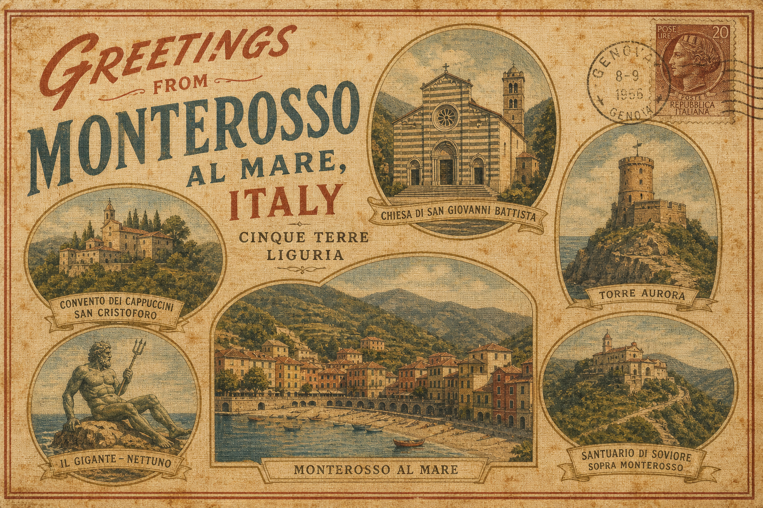 monterosso-Italy-postcard - The Travel Bloggers Vintage postcard of Monterosso al Mare, Italy, with illustrated landmarks: San Giovanni Battista church, Torre Aurora, Convento dei Cappuccini, a statue of Neptune, and the coastal village scene.