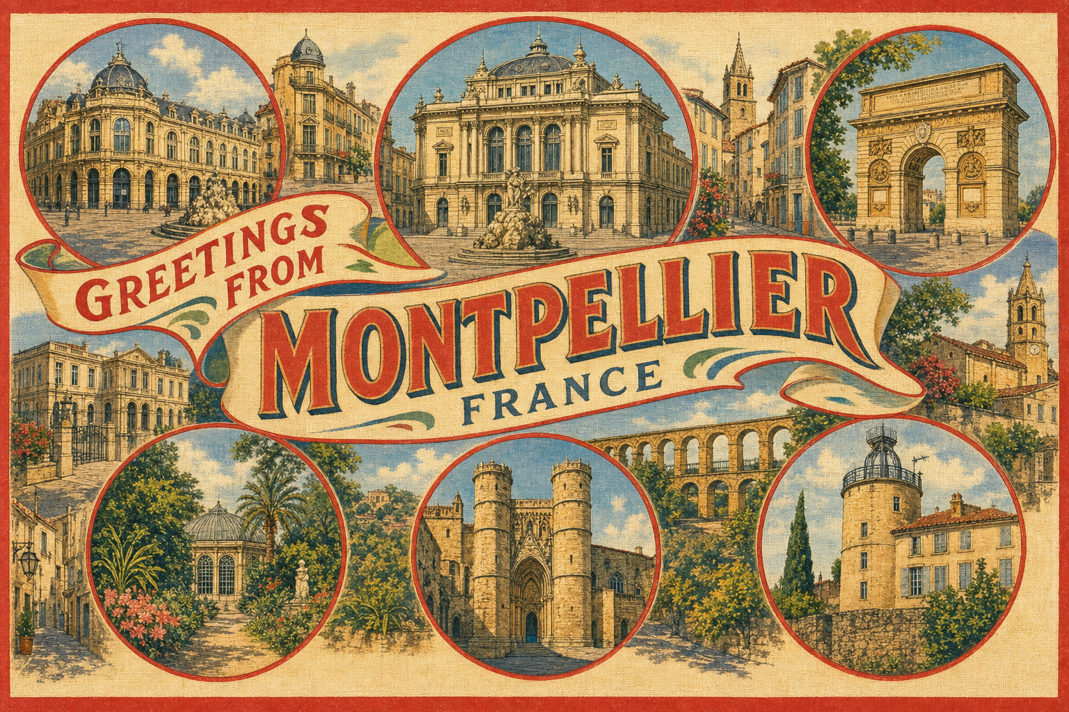 montpellier-France-postcard - The Travel Bloggers Vintage postcard collage of Montpellier landmarks with a banner reading 'Greetings from Montpellier, France' and circular illustrations of historic buildings and arches around the edges.