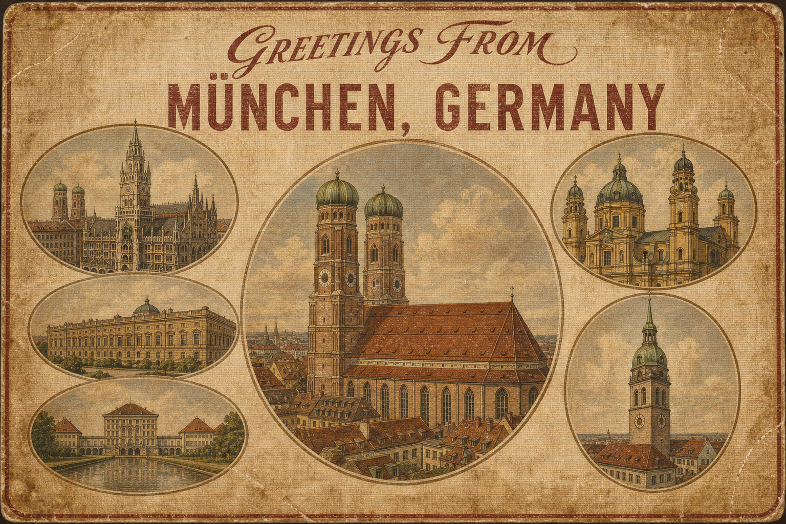 muenchen-Germany-postcard - The Travel Bloggers Vintage postcard collage featuring Munich landmarks with the text 'Greetings From München, Germany' at the top. central oval shows a cathedral and church towers surrounded by smaller ovals with city sights.