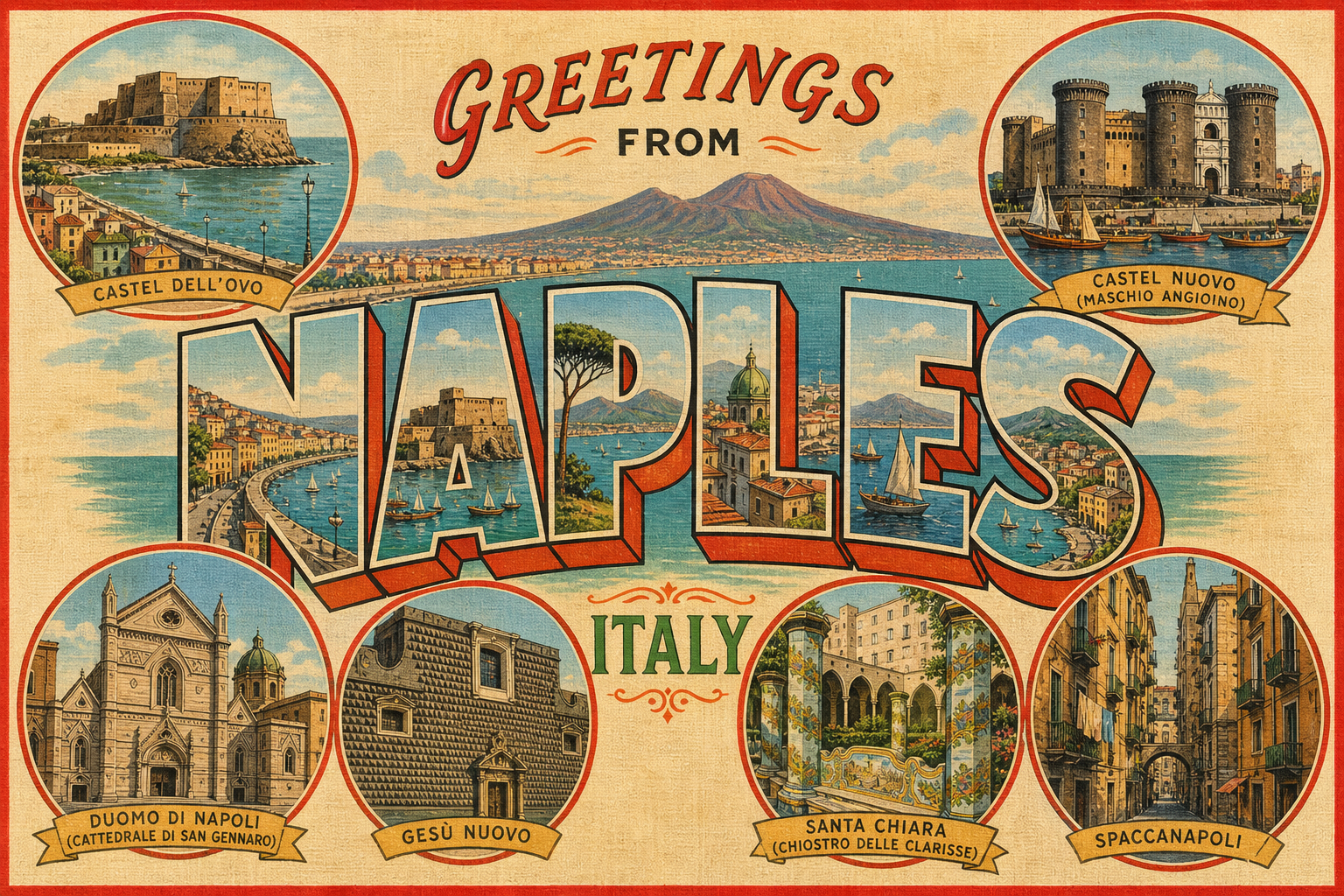 naples-Italy-postcard - The Travel Bloggers Vintage postcard showing Naples icons and text: 'Greetings from Naples, Italy' with landmarks around the edges (Duomo di Napoli, Castel Nuovo, Castel dell'Ovo, Santa Chiara, Gesù Nuovo, Spaccanapoli) and a central Naples scene.