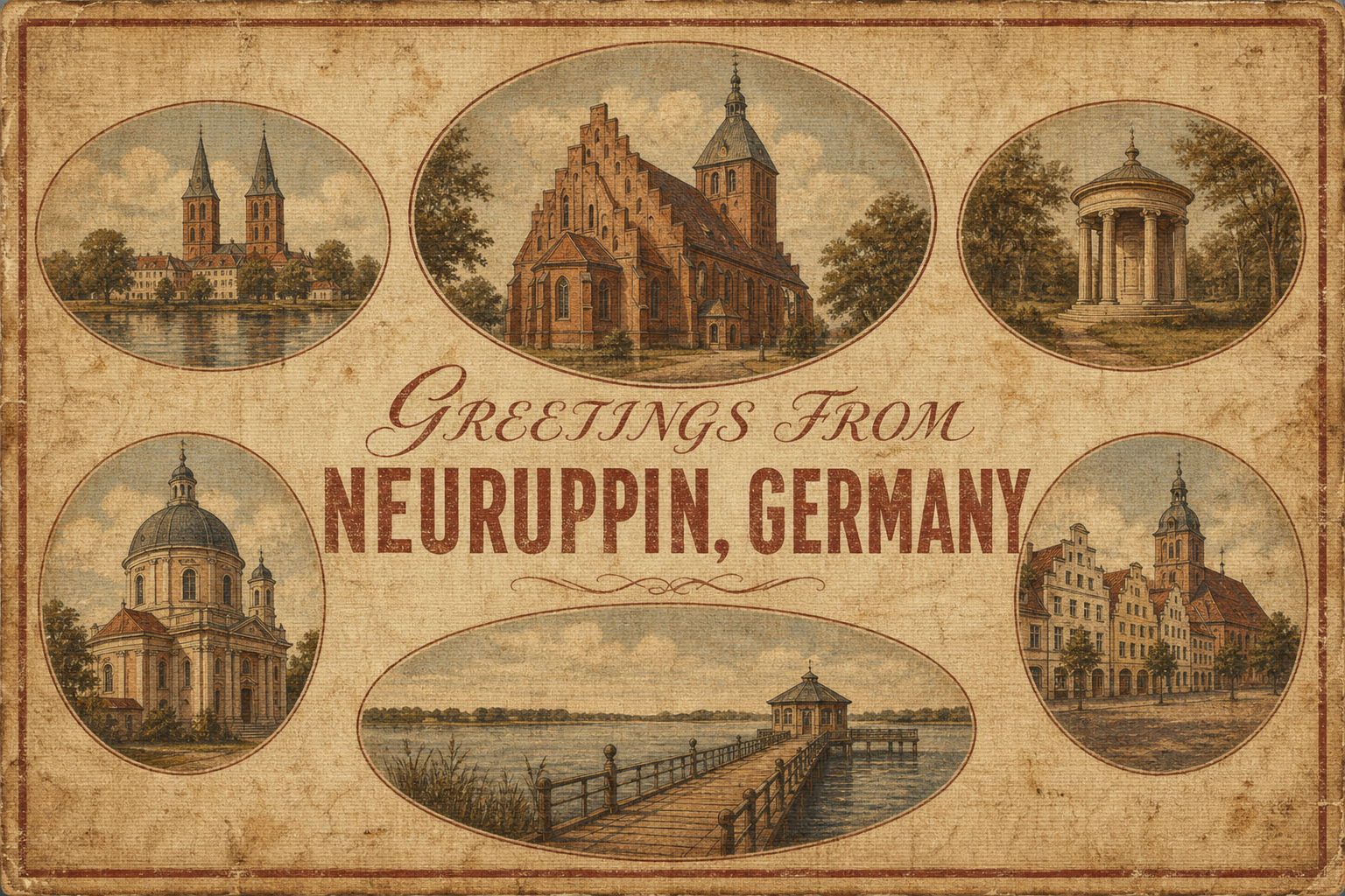 Vintage postcard-style collage featuring Neuruppin, Germany landmarks framed in oval insets around the text 'Greetings from Neuruppin, Germany'. Aged parchment background with a central church image and a lakeside pier scene.