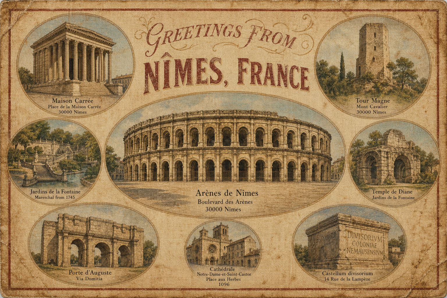 nimes-France-postcard - The Travel Bloggers Vintage postcard layout: central Nîmes amphitheater surrounded by circular vignettes of Maison Carrée, Tour Magne, Jardin des Fontaine, Temple de Diane, Porte d'Auguste, Notre-Dame-et-Saint-Castor cathedral, and Castellum divisorium with a warm aged-tone design.