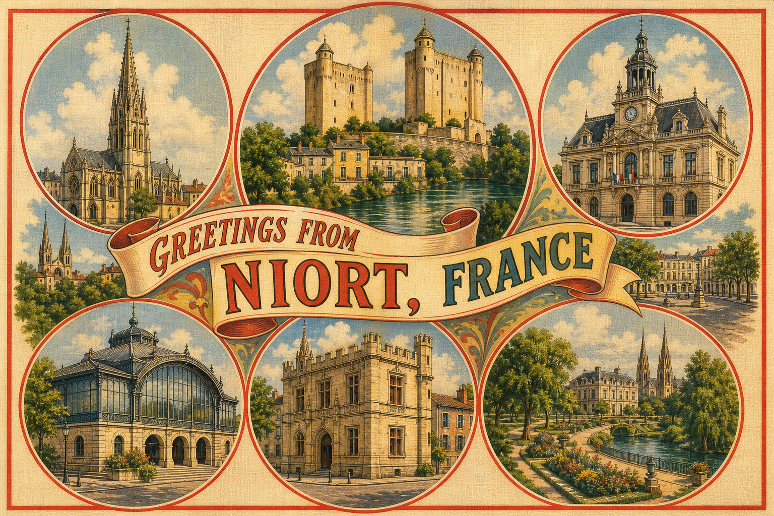 Vintage postcard collage of Niort, France, with circular panels showing landmarks and a central 'Greetings from Niort, France' banner.