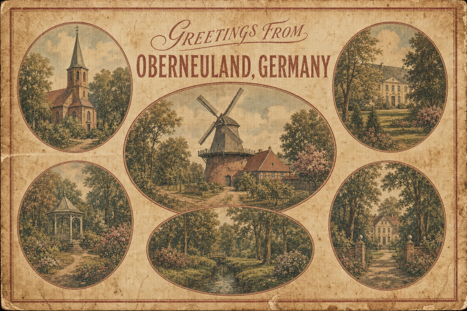 Vintage postcard: 'Greetings from Oberneuland, Germany' with a central windmill and six circular inset scenes of landmarks and gardens.