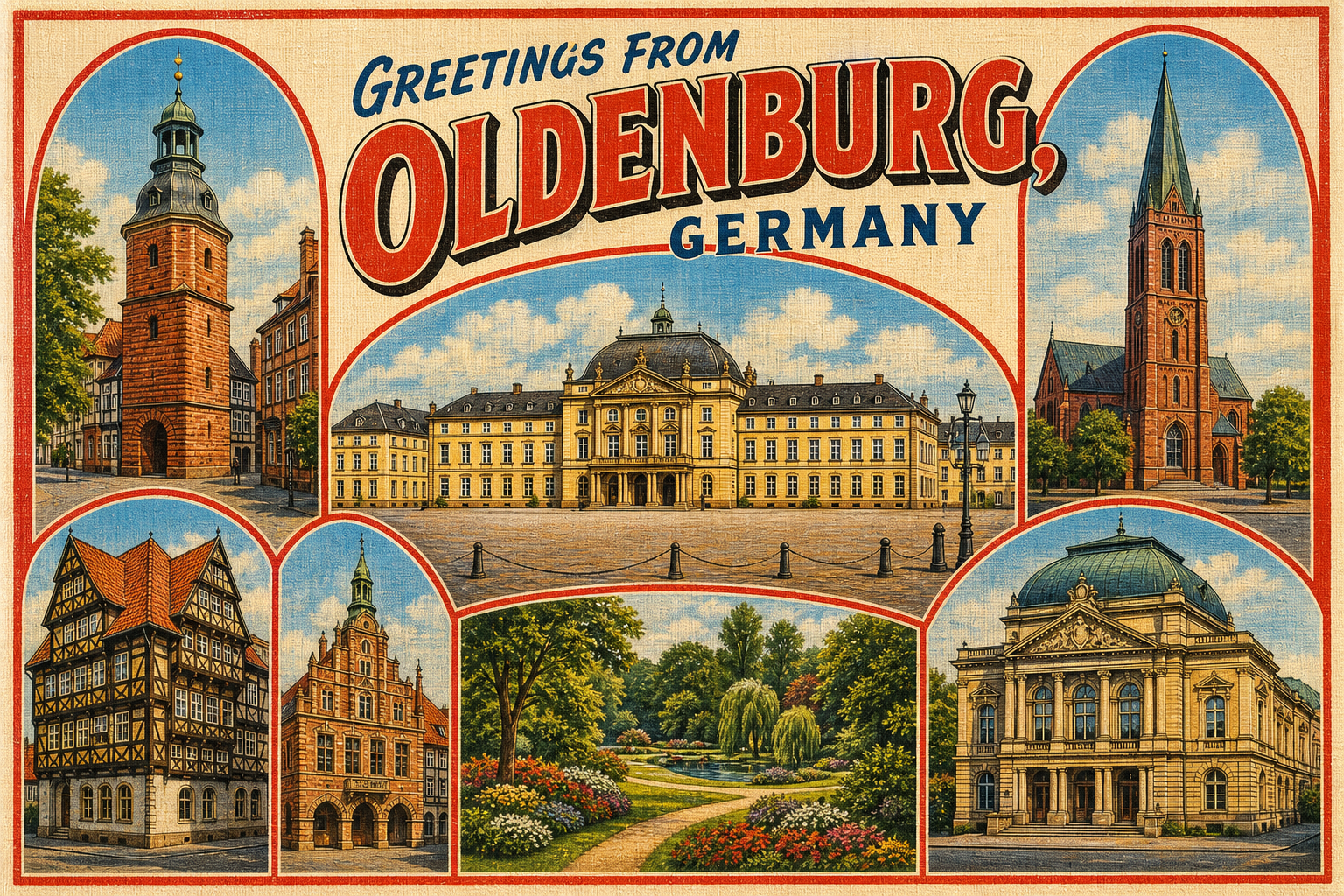 Vintage postcard collage showing landmarks of Oldenburg, Germany: central baroque palace, churches, timber-framed house, park, and scenic courtyard scenes.