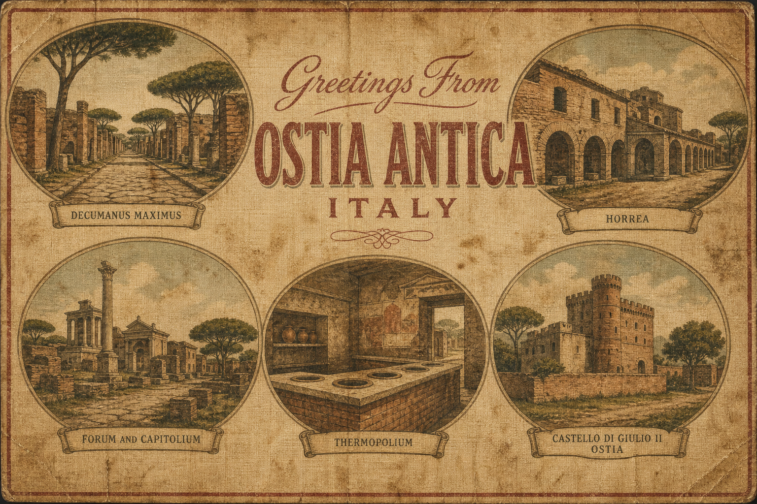 Vintage postcard titled 'Greetings From Ostia Antica, Italy' showing five circular views of Ostia Antica ruins: Decumanus Maximus, Horrea, Forum and Capitollium, Thermopolium, and Castello di Giulio II Ostia.