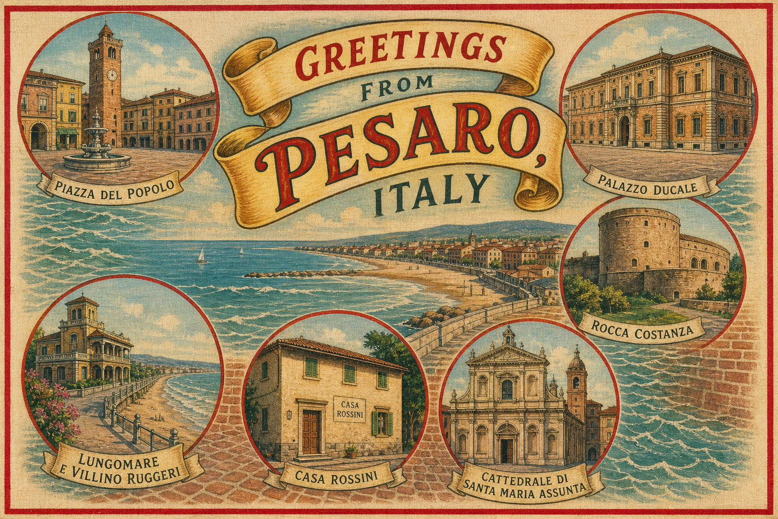 Vintage Pesaro postcard showing landmarks: Piazza del Popolo fountain and town square, a central banner says Greetings from Pesaro, Italy.
