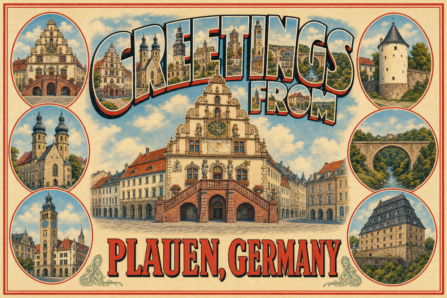 plauen-Germany-postcard - The Travel Bloggers Vintage postcard saying 'Greetings from Plauen, Germany,' with circular photos of landmarks surrounding a central town hall building.