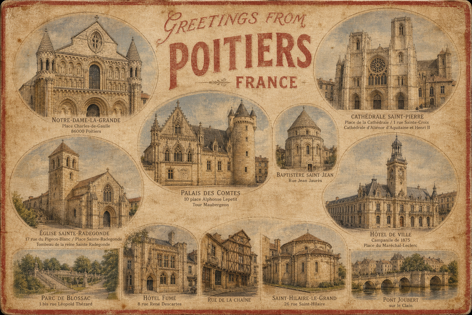 poitiers-France-postcard - The Travel Bloggers Retro Poitiers postcard showing city landmarks in circular frames with 'Greetings from Poitiers France' at the top.