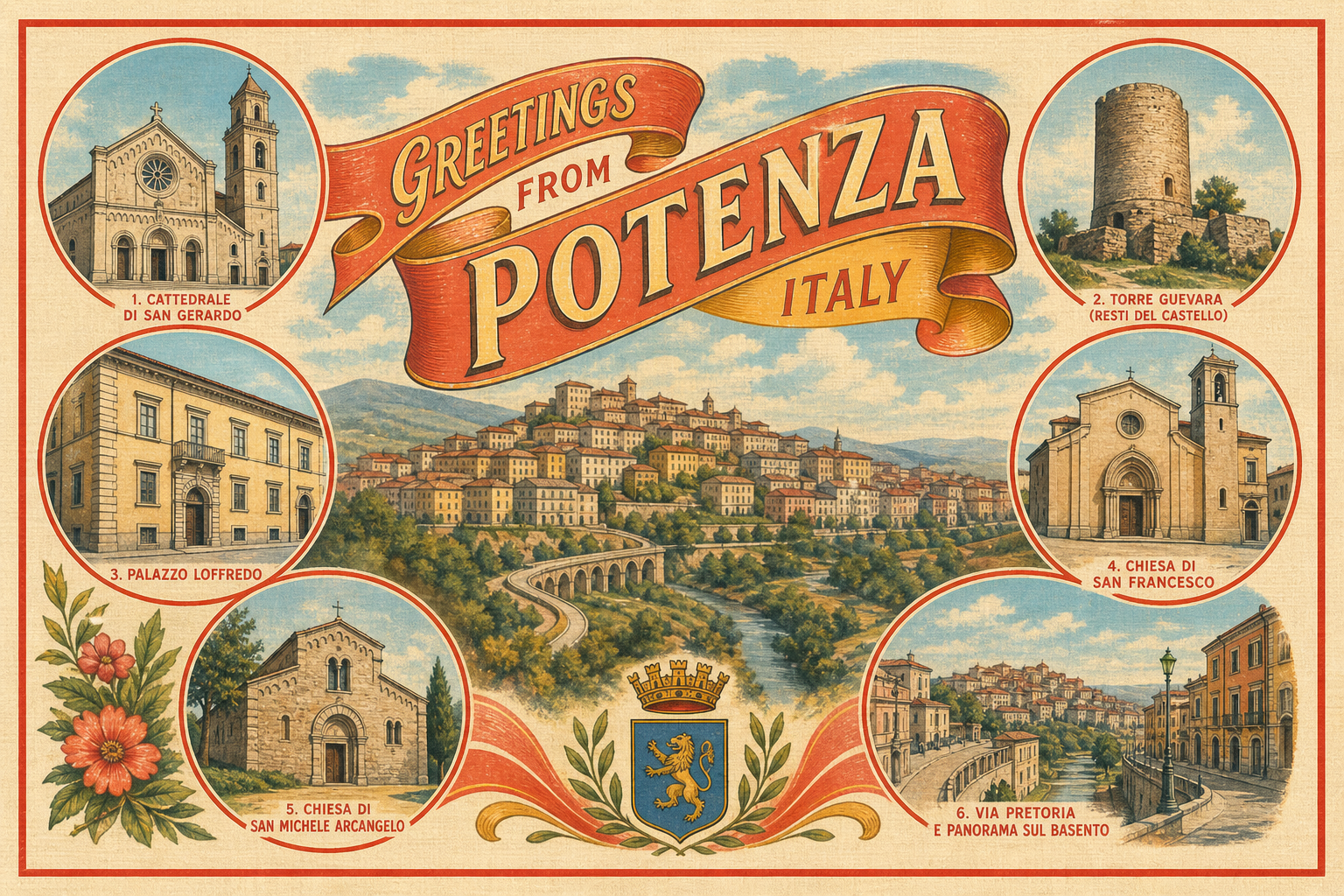 potenza-Italy-postcard - The Travel Bloggers Vintage postcard of Potenza, Italy, showing a central hillside city view with six inset landmarks: Cattedrale di San Gerardo, Torre Guevara, Palazzo Loffredo, Chiesa di San Francesco, Chiesa di San Michele Arcangelo, and Via Pretoria.