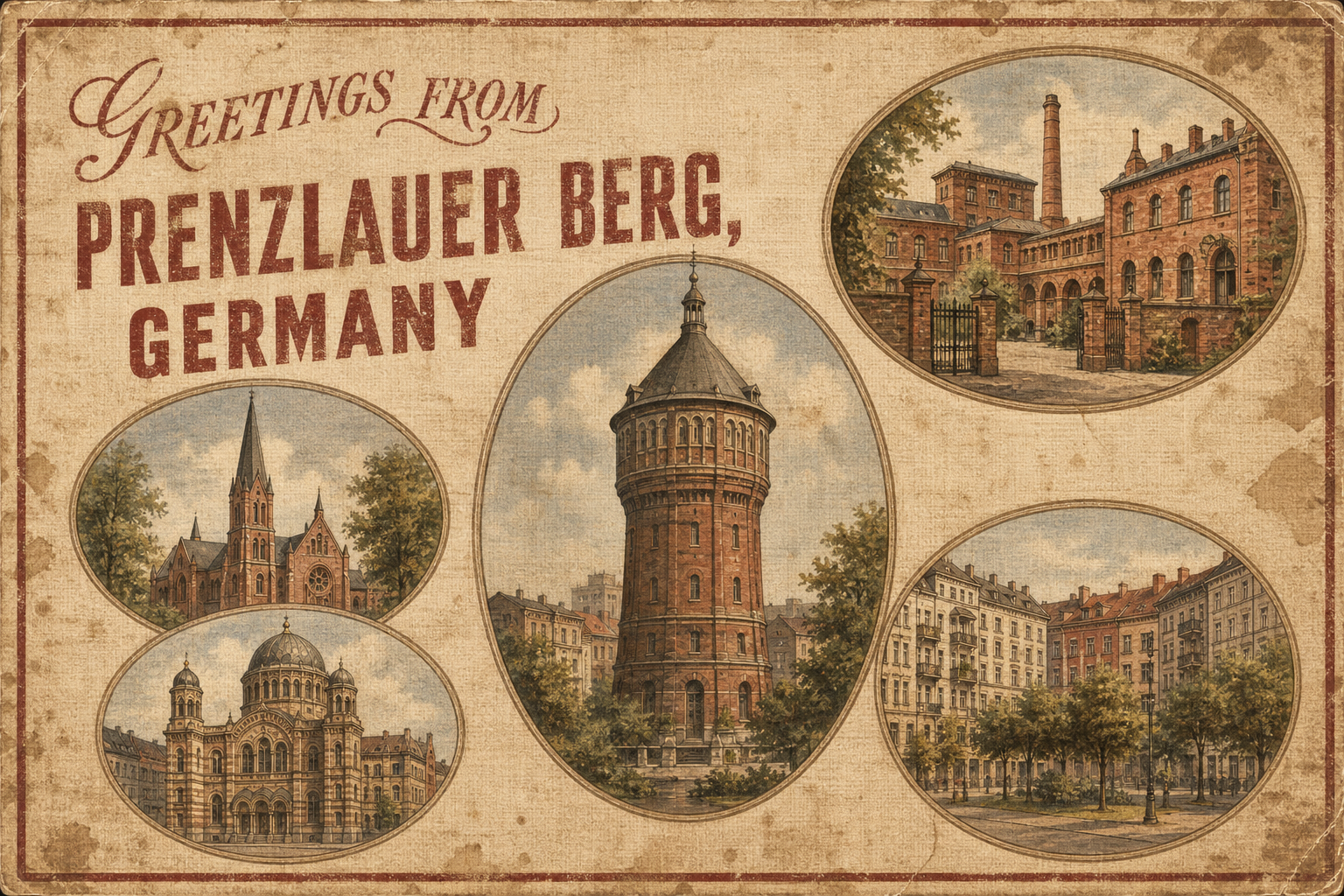 Vintage postcard collage of Prenzlauer Berg, Germany, featuring circular illustrations of local landmarks and the greeting ‘Greetings from Prenzlauer Berg, Germany’.