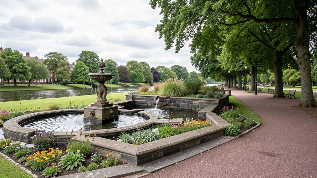 Miller Park fountain and rock features with Avenham Walk