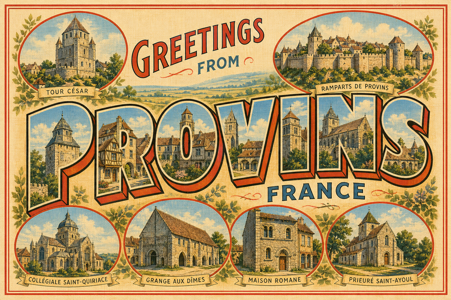 Vintage Provins postcard: bold 'GREETINGS FROM PROVINS' with images of local landmarks like Tour César and city ramparts.
