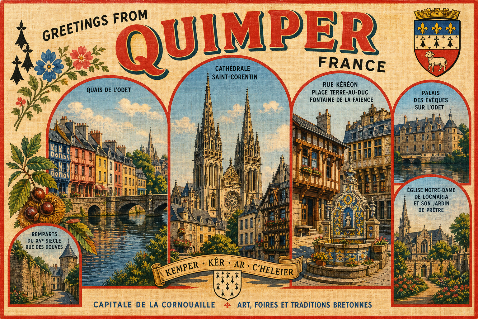 quimper-France-postcard - The Travel Bloggers Vintage postcard of Quimper, France, showing Saint-Corentin Cathedral, colorful riverfront houses, and a decorative fountain by the town square.