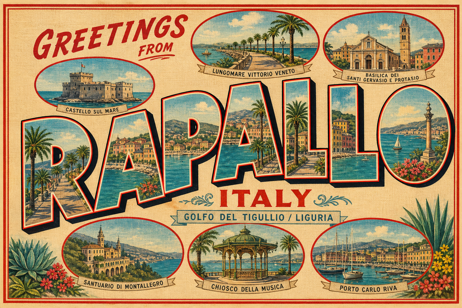 rapallo-Italy-postcard - The Travel Bloggers Vintage postcard-style collage advertising Naples, Italy with landmark illustrations and 'Napoli' typography, greeting viewers from Italy209?
