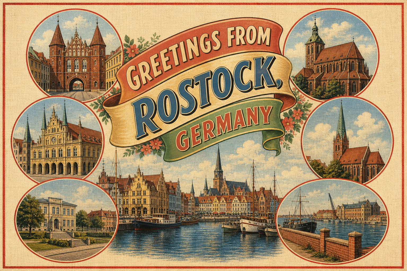 rostock-Germany-postcard - The Travel Bloggers Vintage postcard illustration saying 'Greetings from Rostock, Germany' with a central ribbon and circular landmark photos around a harbor scene.