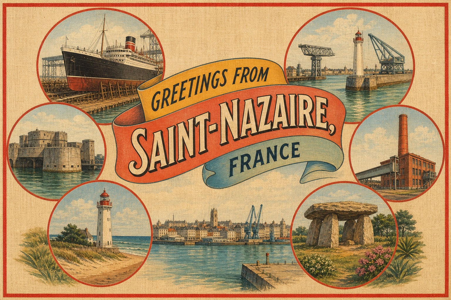 saint-nazaire-France-postcard - The Travel Bloggers Vintage postcard announcing 'Greetings from Saint-Nazaire, France' with circular scenes of a ship, lighthouse, fort, industrial building, dolmen, and harbor town.
