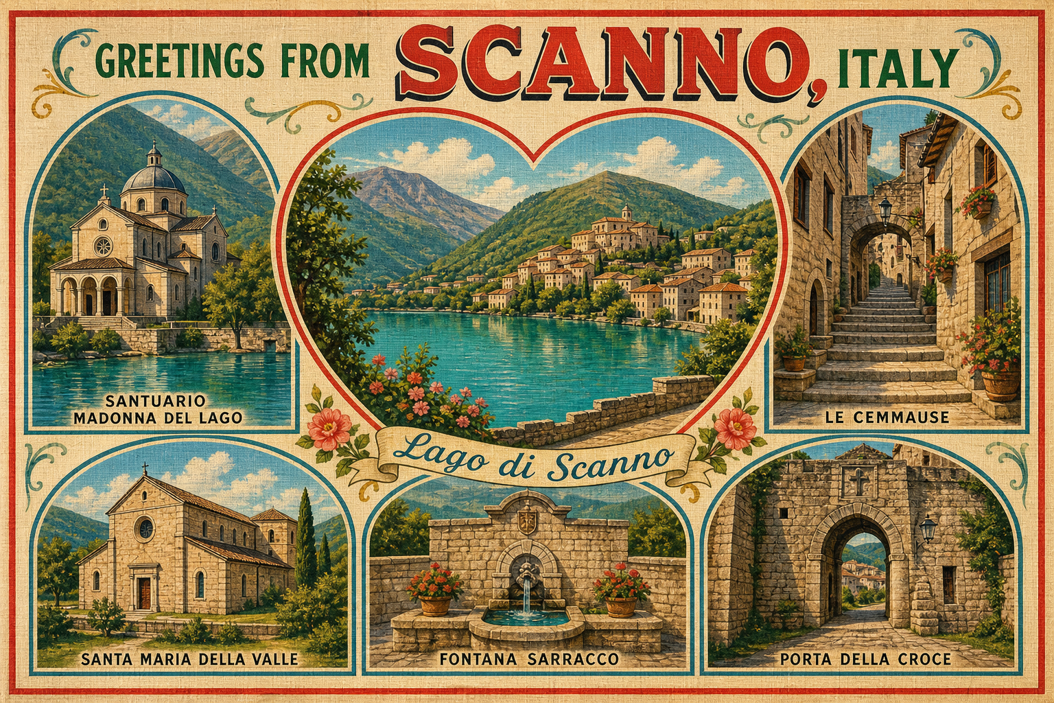 Vintage postcard collage of Scanno, Italy featuring Lago di Scanno centerpiece with surrounding landmarks: Santuario Madonna del Lago, Le Cemmause, Santa Maria della Valle, Fontana Sarracco, Porta della Croce